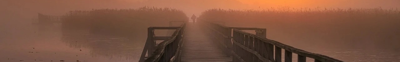 Personne se promenant sur une jetée dans le brouillard
